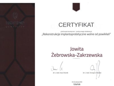 <span>lek. dent. Jowita Żebrowska-Zakrzewska</span><br/><small>właściciel</small> Jowita Żebrowska Zakrzewska certyfikaty 1