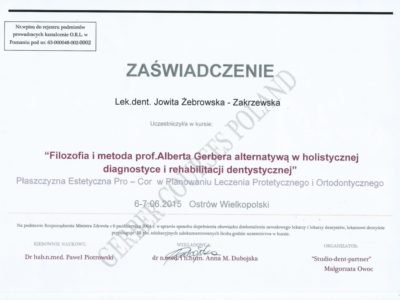 <span>lek. dent. Jowita Żebrowska-Zakrzewska</span><br/><small>właściciel</small> Jowita Żebrowska Zakrzewska certyfikaty 10