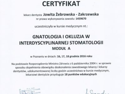 <span>lek. dent. Jowita Żebrowska-Zakrzewska</span><br/><small>właściciel</small> Jowita Żebrowska Zakrzewska certyfikaty 13