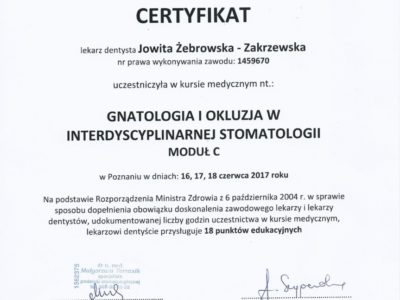 <span>lek. dent. Jowita Żebrowska-Zakrzewska</span><br/><small>właściciel</small> Jowita Żebrowska Zakrzewska certyfikaty 14