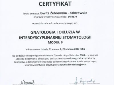 <span>lek. dent. Jowita Żebrowska-Zakrzewska</span><br/><small>właściciel</small> Jowita Żebrowska Zakrzewska certyfikaty 15