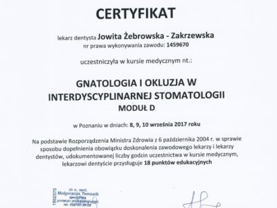 <span>lek. dent. Jowita Żebrowska-Zakrzewska</span><br/><small>właściciel</small> Jowita Żebrowska Zakrzewska certyfikaty 17
