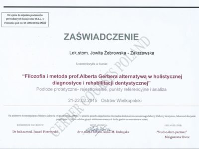 <span>lek. dent. Jowita Żebrowska-Zakrzewska</span><br/><small>właściciel</small> Jowita Żebrowska Zakrzewska certyfikaty 7
