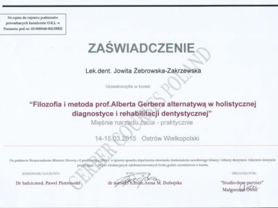 <span>lek. dent. Jowita Żebrowska-Zakrzewska</span><br/><small>właściciel</small> Jowita Żebrowska Zakrzewska certyfikaty 8