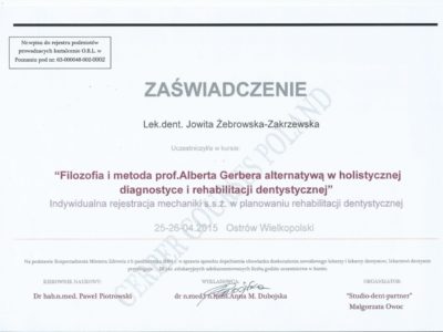 <span>lek. dent. Jowita Żebrowska-Zakrzewska</span><br/><small>właściciel</small> Jowita Żebrowska Zakrzewska certyfikaty 9