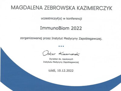 <span>mgr Magdalena Żebrowska–Kazimierczyk</span> Magdalena certyfikat ImmunoBiom